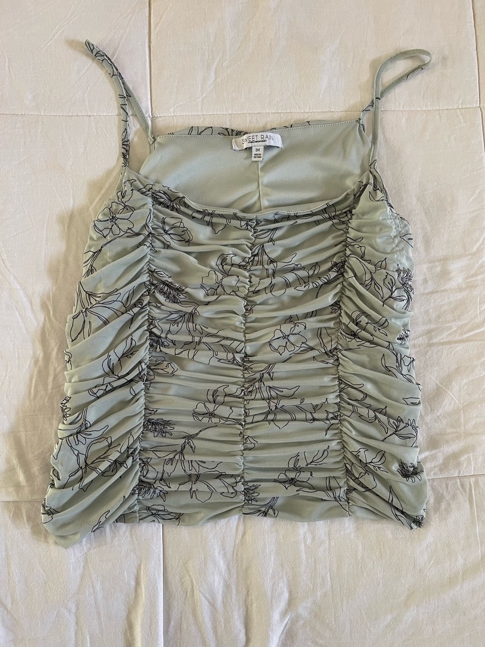 Sweet Rain Plus Size 3X Ruched Mesh Cami Top Sage Green Floral Lined Cami